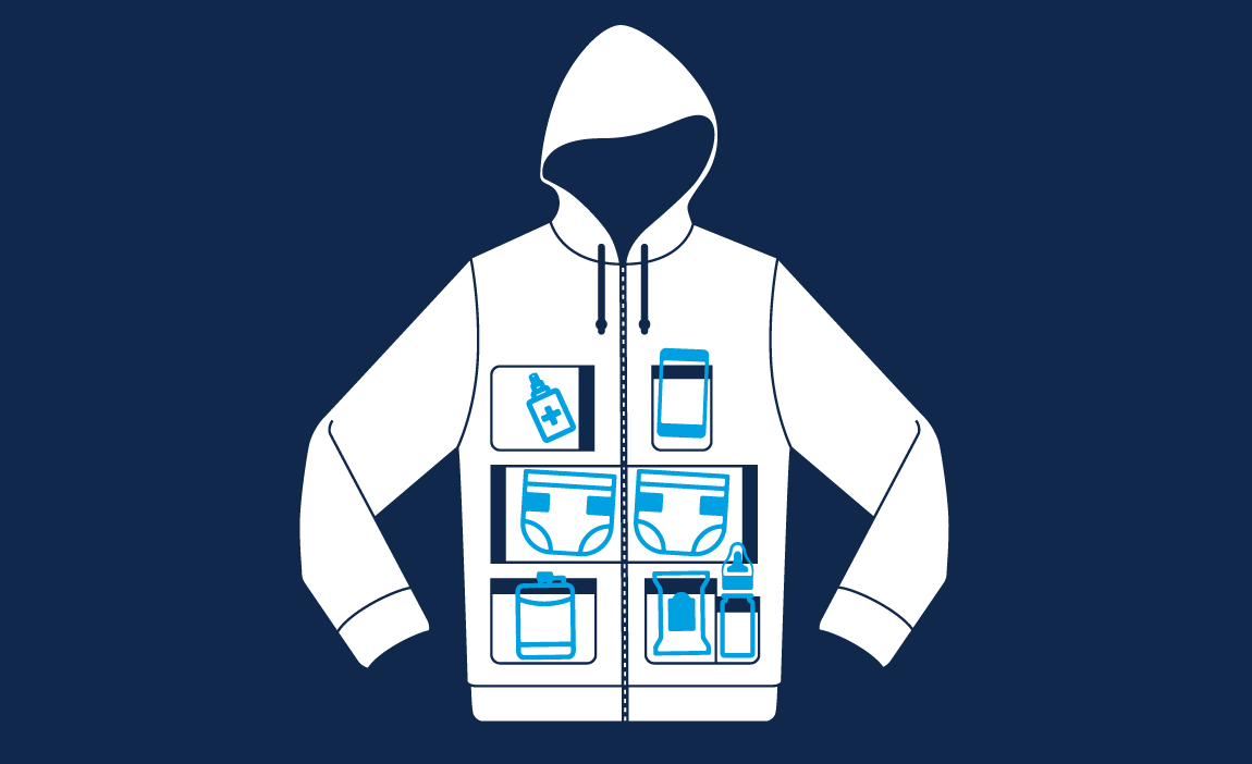 Dad Hoodie graphic showing all Diaper bag items that can be added to pockets.